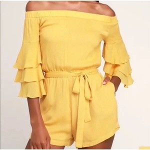 Lulus Off The Shoulder Tie Waist Ruffle Romper Sz S NWT Mustard Yellow